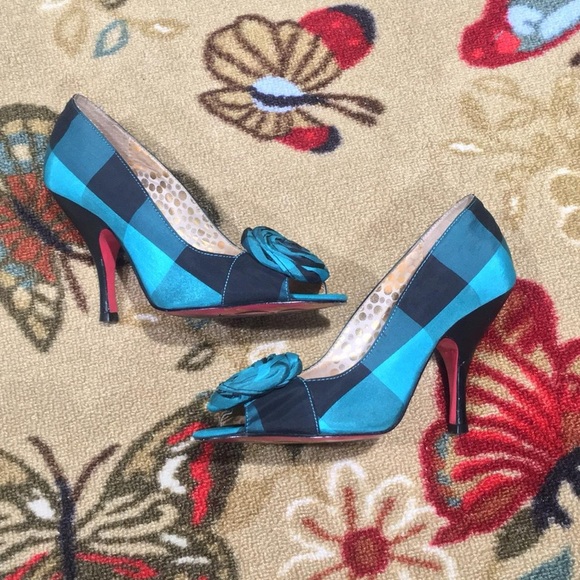 Poetic License Shoes - Aqua and black satin plaid peep-toe pumps